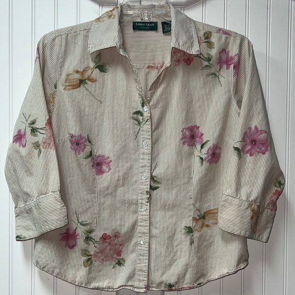 Lemon Grass Tops - Lemon Grass Floral Pinstripe Shirt L